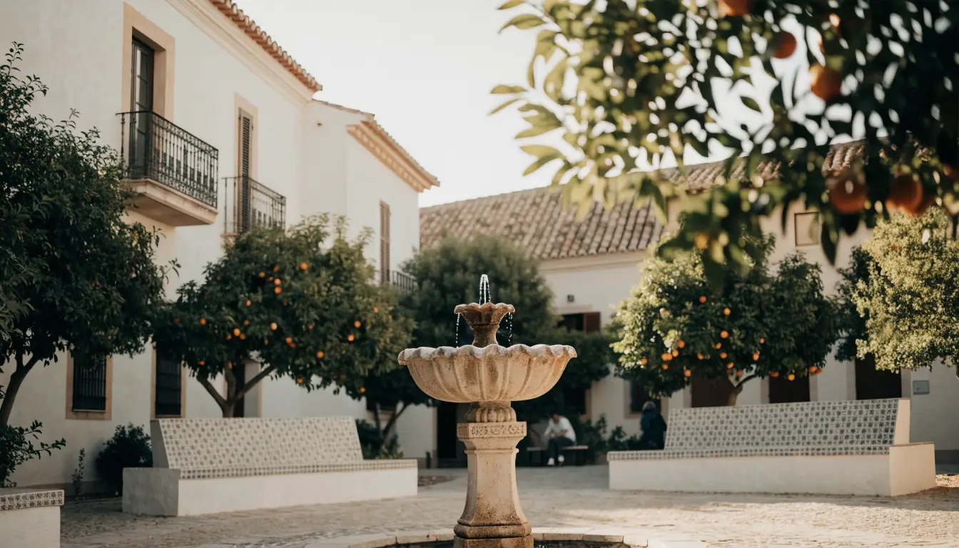 Patio español con fuente de piedra bajo luz cálida.