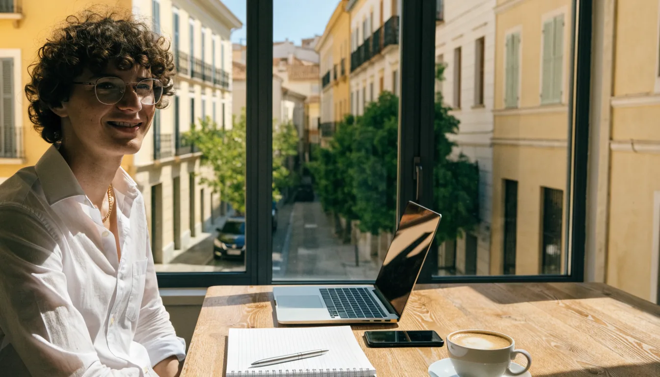 Oficina editorial luminosa en España con escritorio y ventana soleada