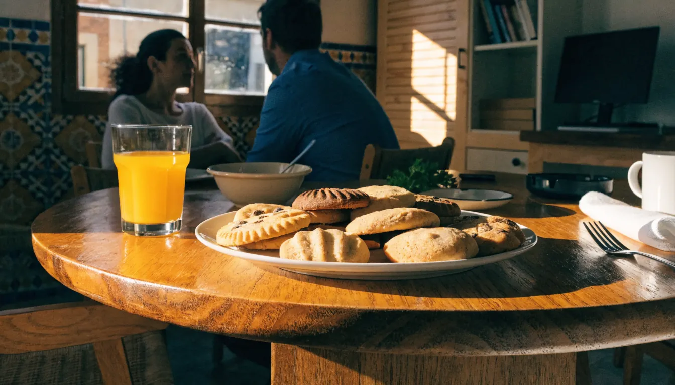 Mesa española con galletas frescas y luz cálida