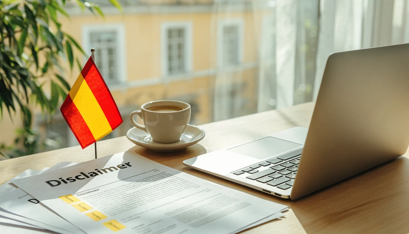 Fotografía de escritorio con documentos de descargo y bandera española.