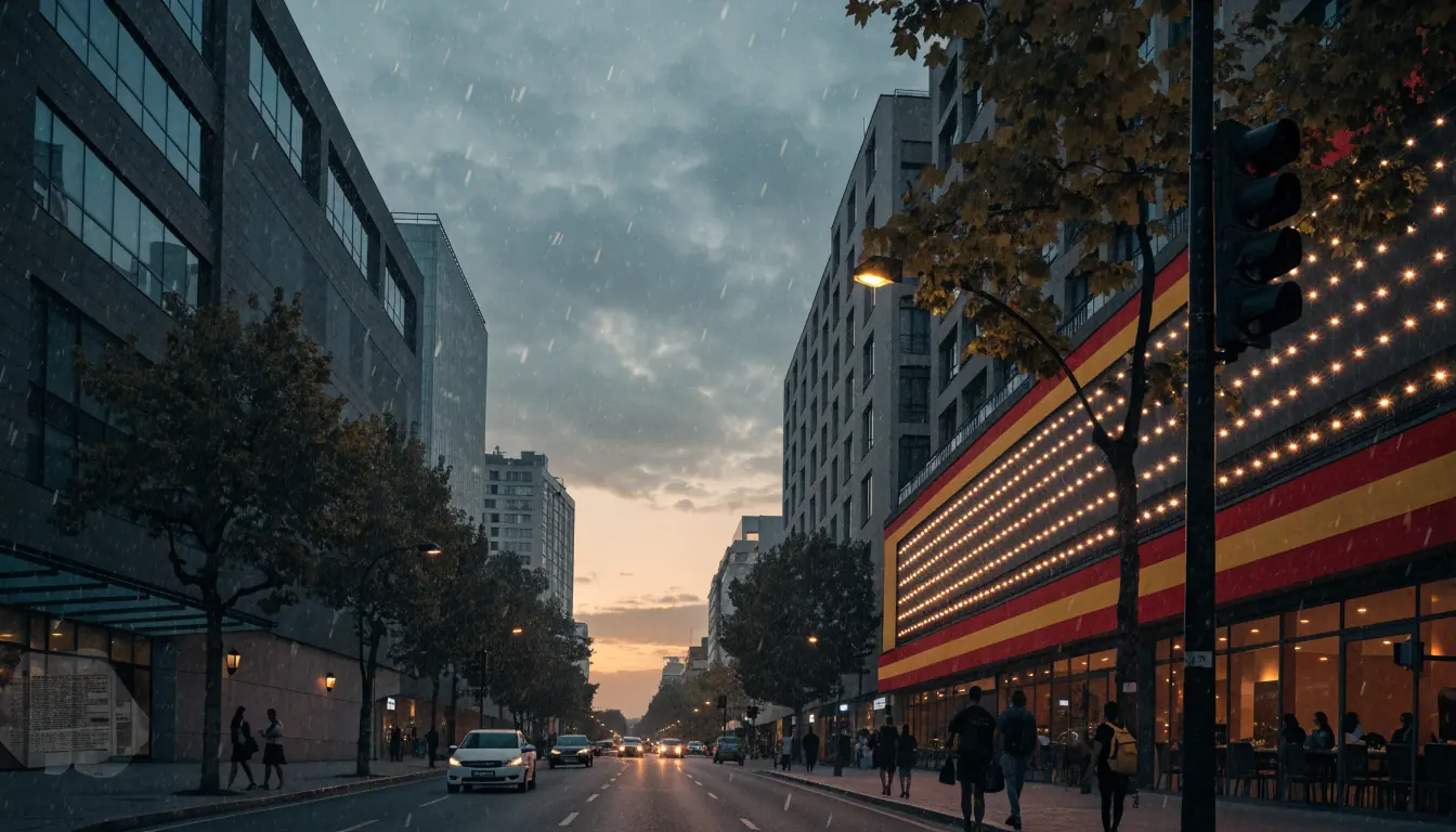 Imagen de una calle española con casino legal iluminado al atardecer.