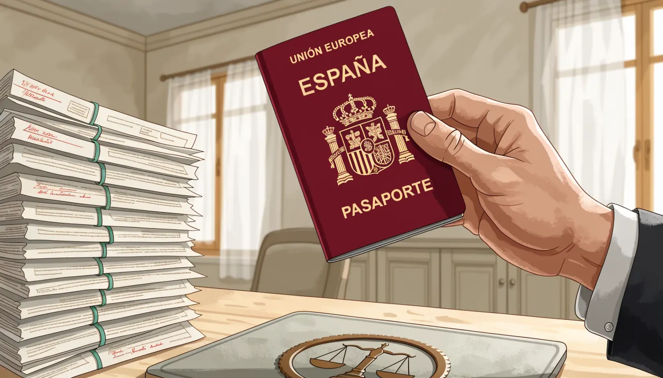 Oficina reguladora española con documentos y sello legal.