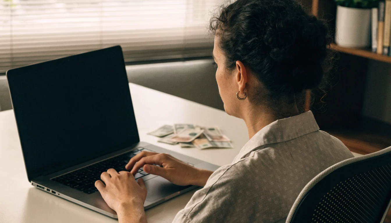 Persona española esperando un retiro de fondos frente a una laptop.