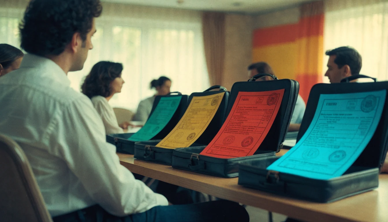 Reunión empresarial española mostrando varios permisos legales.