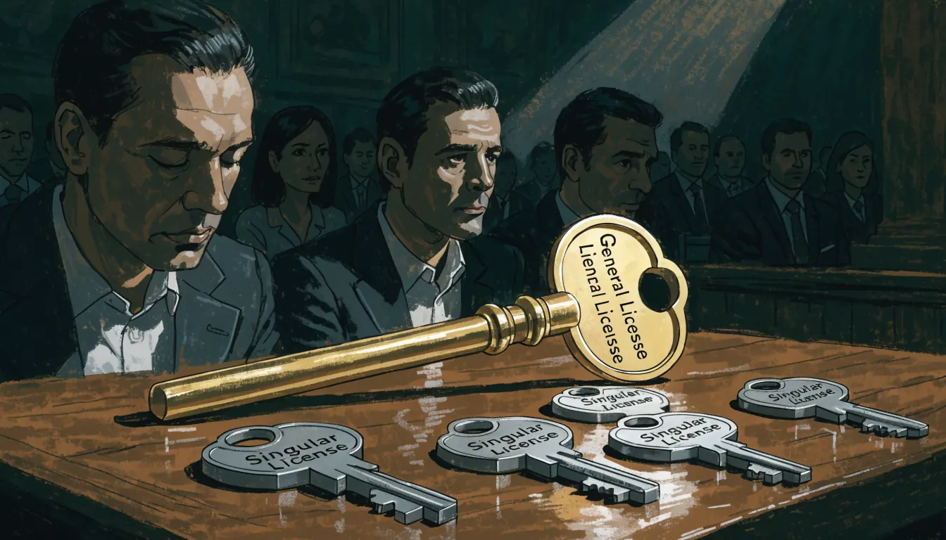Escena con llaves que simbolizan licencias generales y singulares en España.
