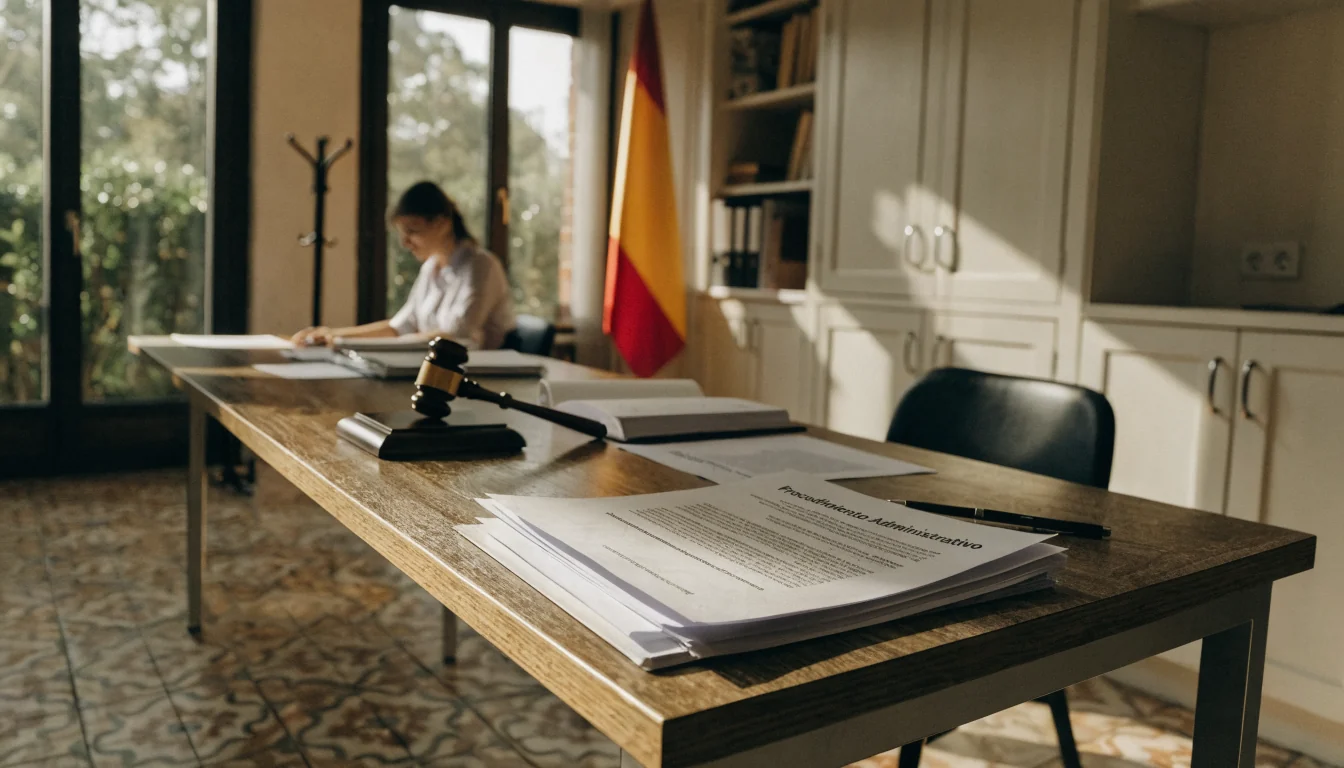Foto realista de una oficina legal española con documentos y bandera.