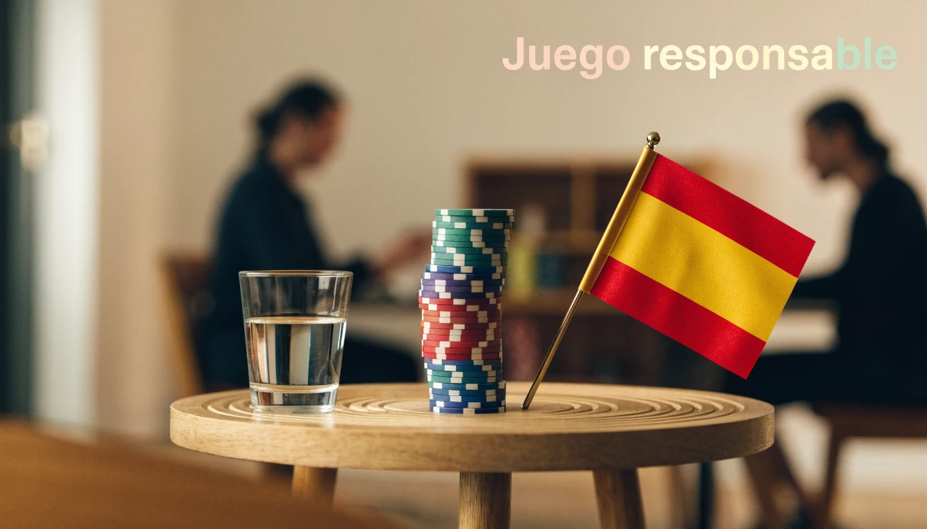 Mesa con fichas, bandera española y banner de juego responsable