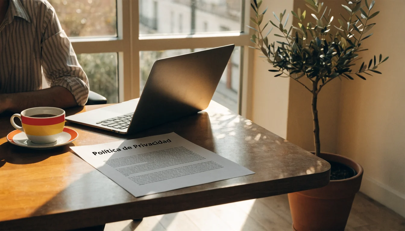 Fotografía realista de un escritorio español con laptop y documento de privacidad.