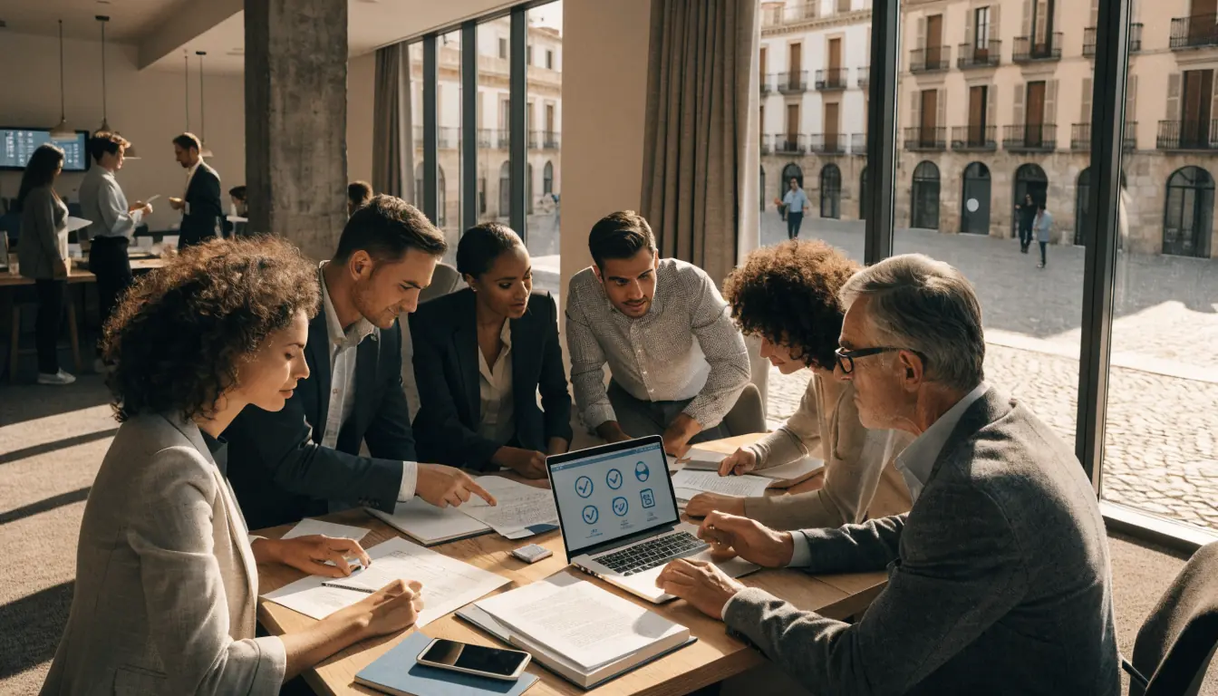 Equipo de analistas trabajando en oficina española moderna